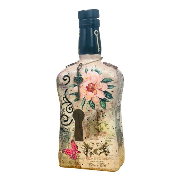 Artisan Other - Up cycled Decanter Bottle Mixed Media Peep Keyhole Clay Hand Painted Butterfly